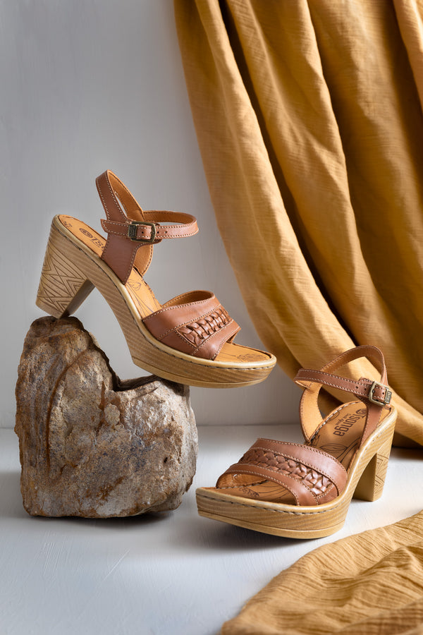 Tan wooden block heel sandal